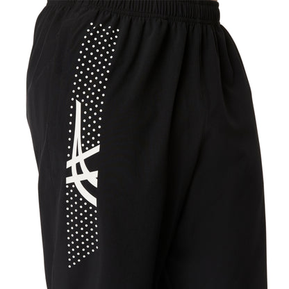 Black shorts with a white logo and polka dot pattern on a white background