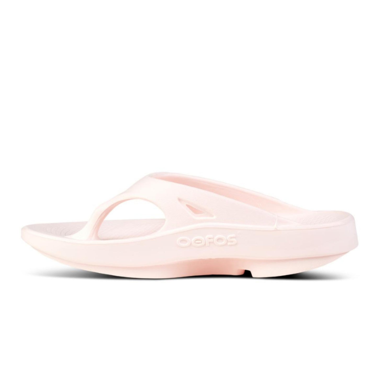 Pink sandal with 'Oofos' branding on a white background