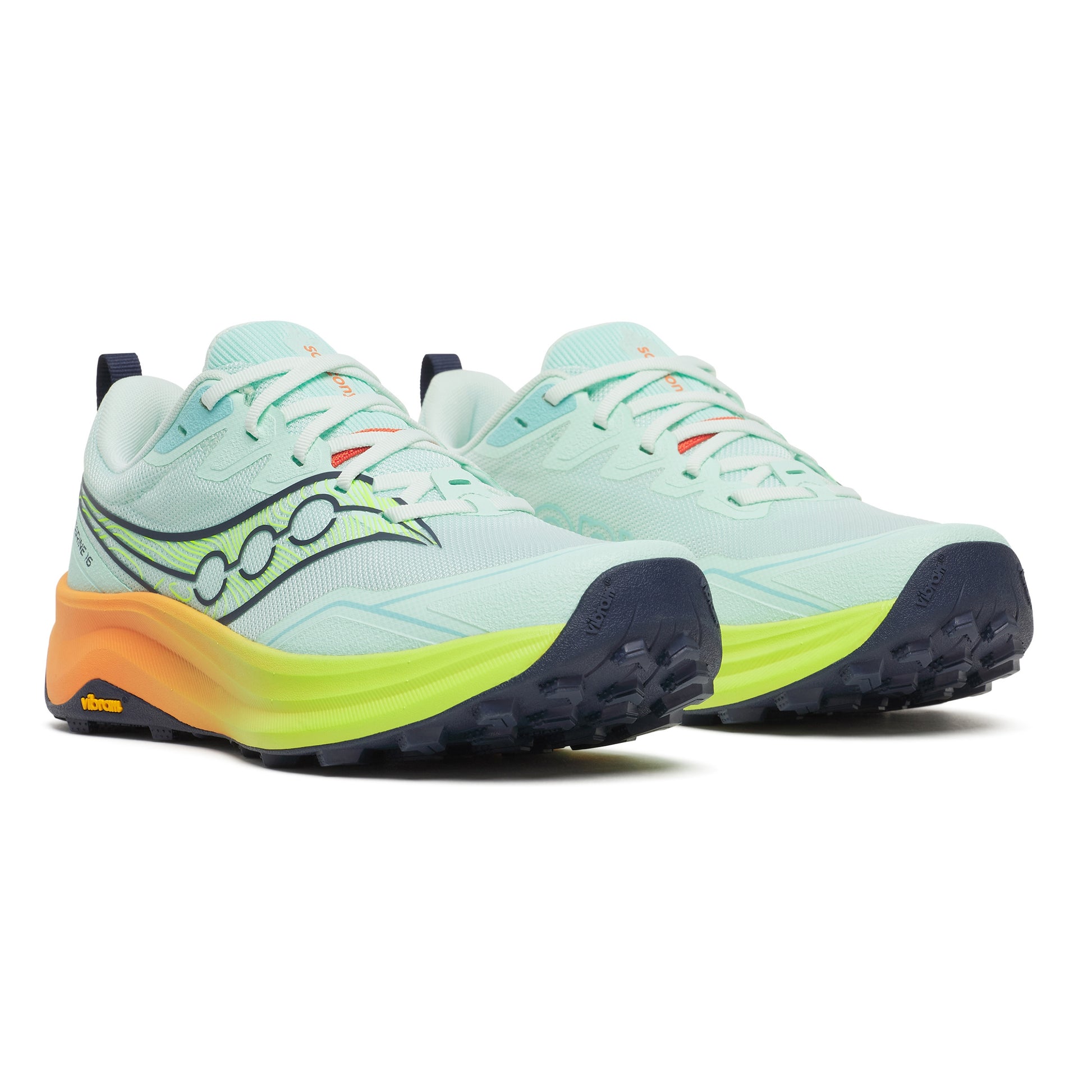 Pair of light blue running shoes with colorful sole on a white background