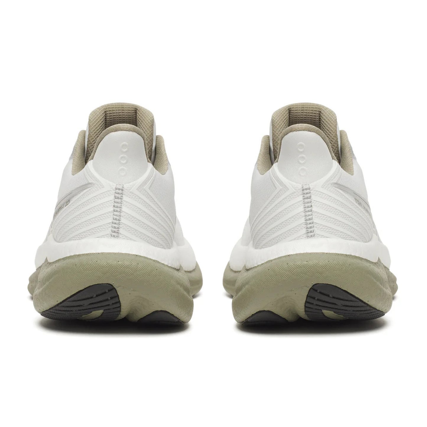 The back of Sauciny white running shoes with beige soles on a white background