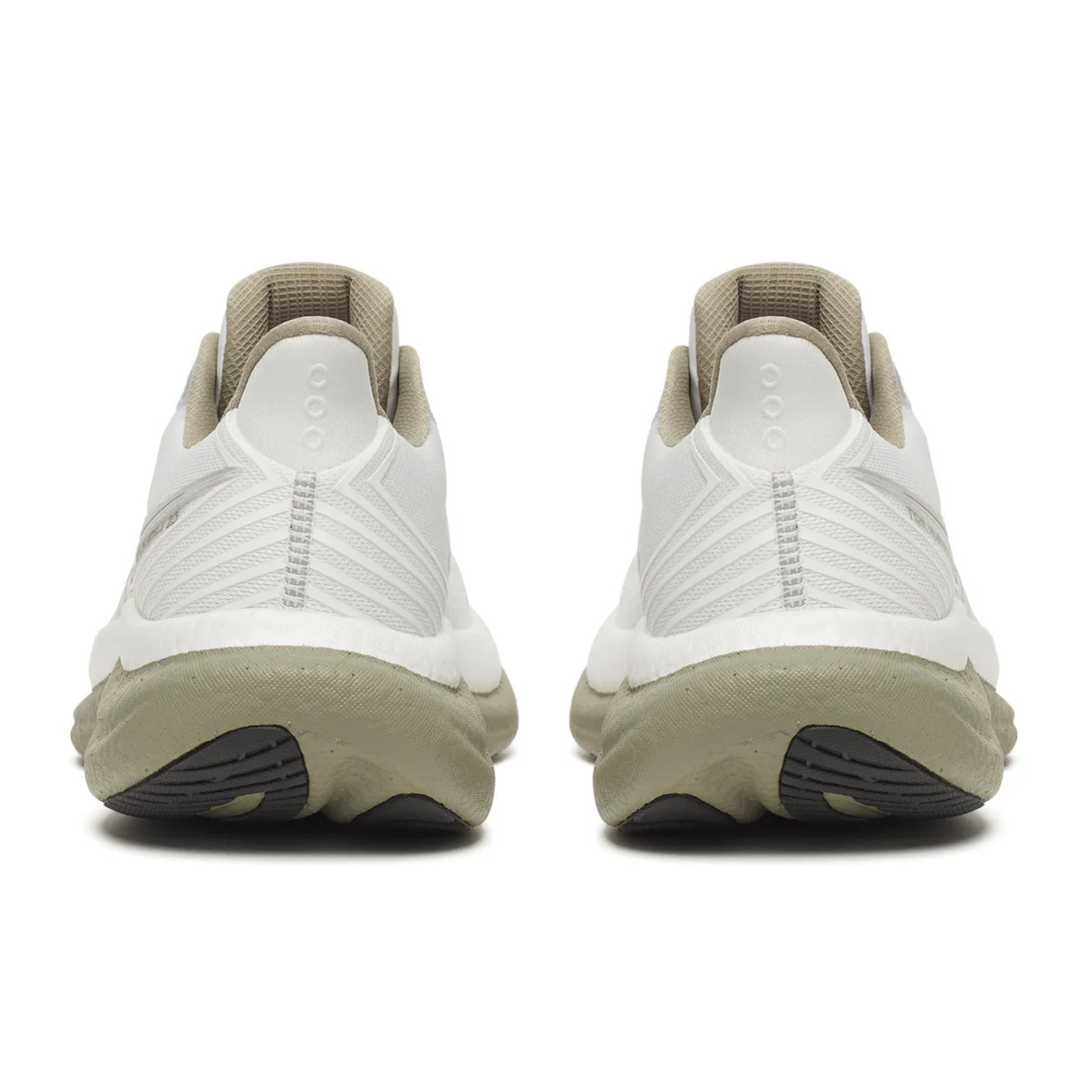 The back of Sauciny white running shoes with beige soles on a white background