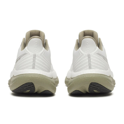 The back of Sauciny white running shoes with beige soles on a white background