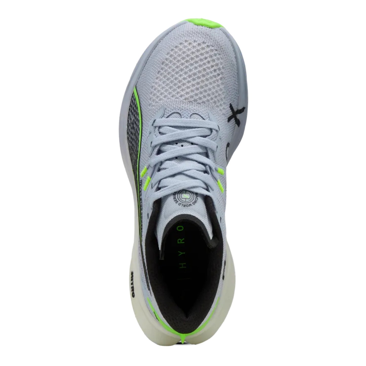 Gray Puma running shoe with green accents on a white background