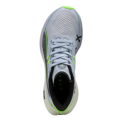 Gray Puma running shoe with green accents on a white background