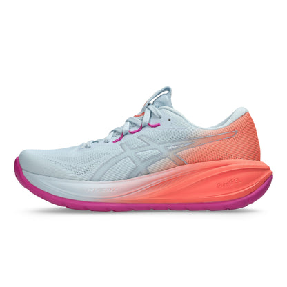 Light blue Asics running shoe with pink and orange sole on a white background