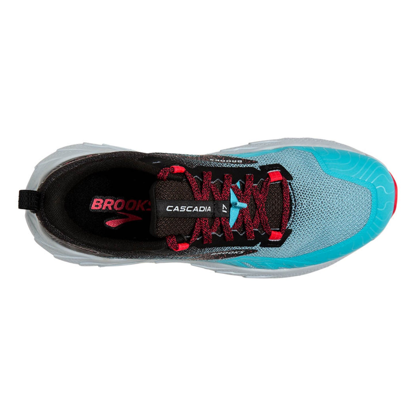Blue running shoe with red accents on a white background