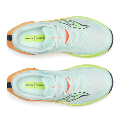 Light blue running shoes with orange accents on a white background