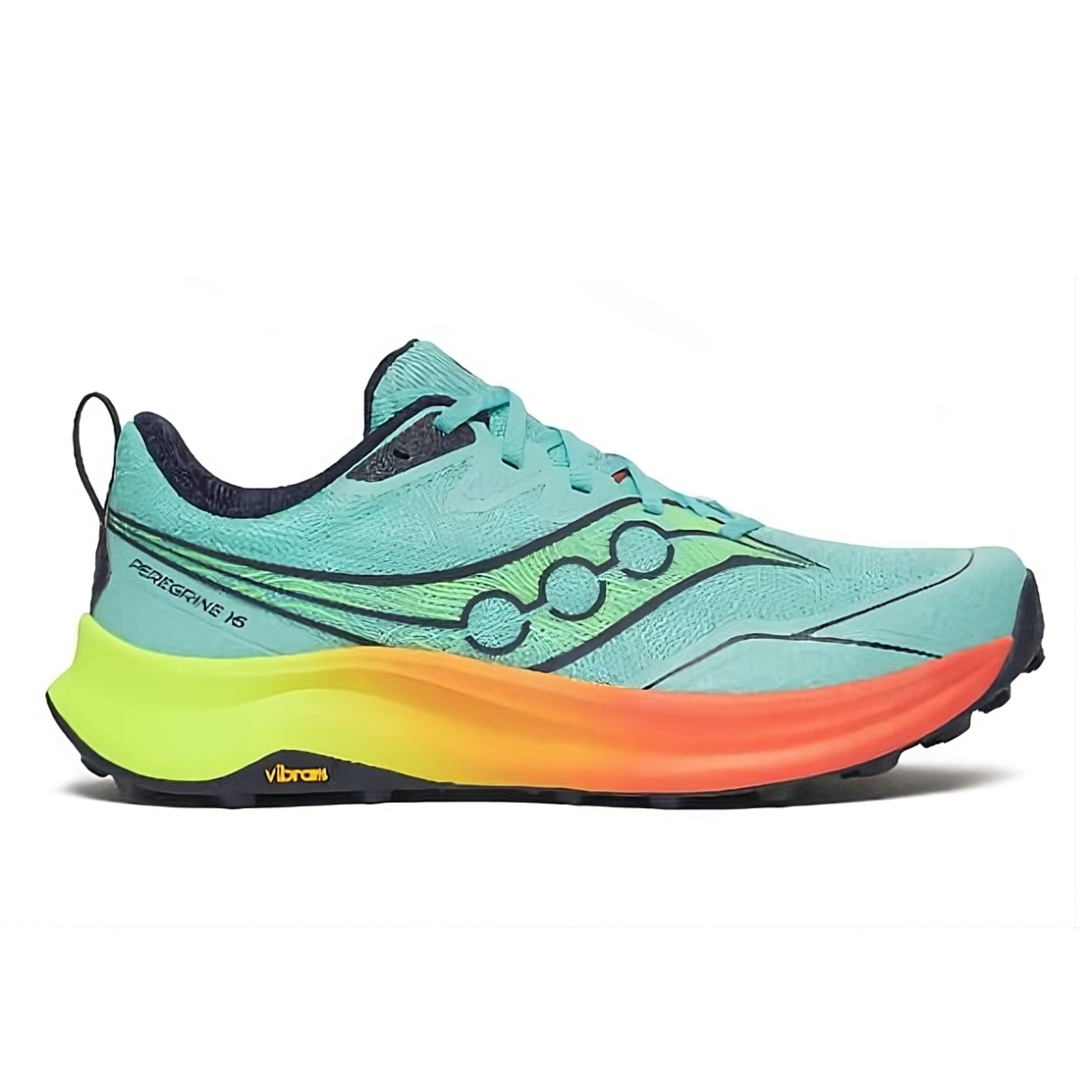 Blue, orange and yellow running shoe with a gradient sole on a white background