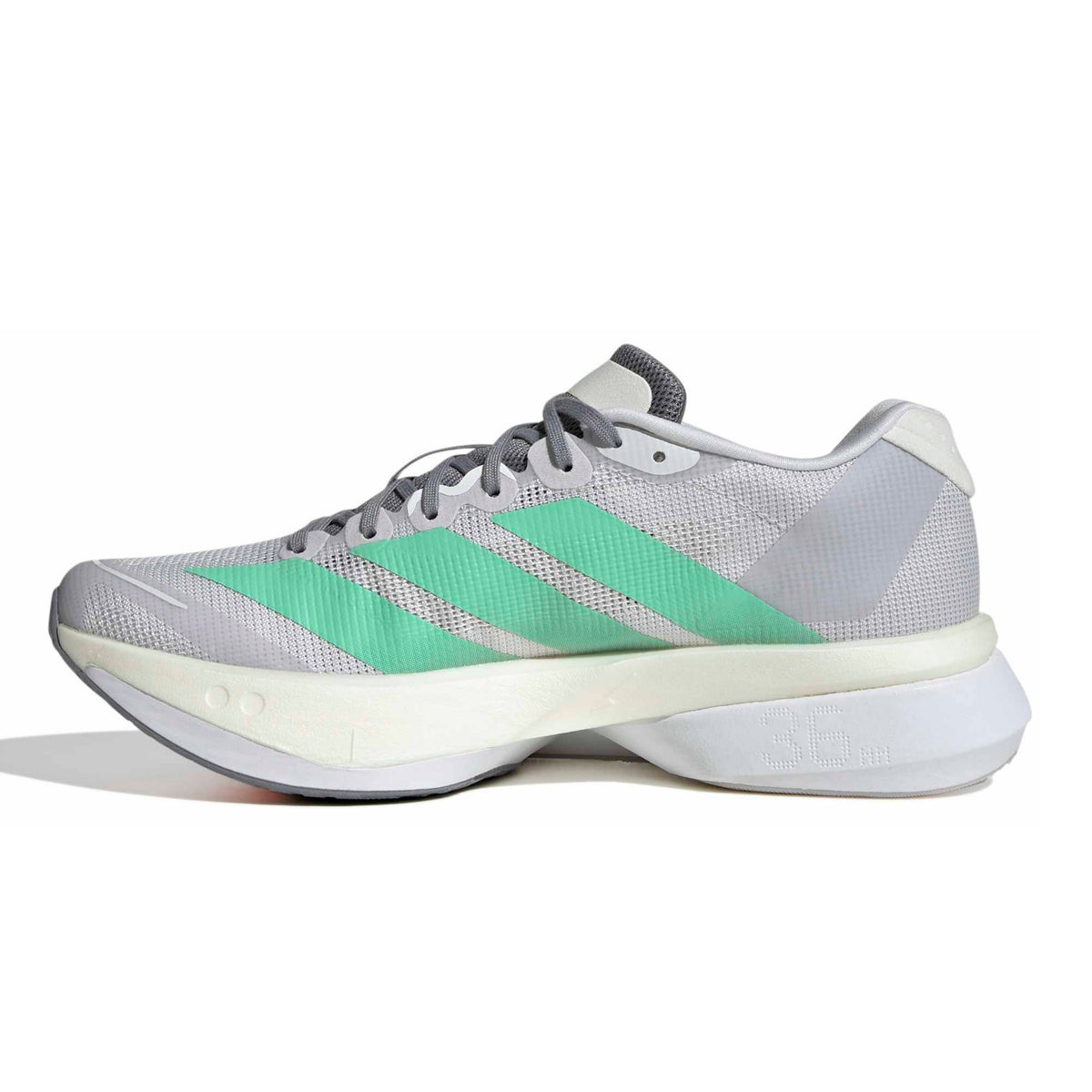 An Adidas running shoe in gray and mint green, featuring the signature three stripes and a white Cloudfoam midsole, shown from a side profile on a white background.
