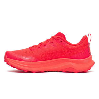 Bright red running shoe with 'Saucony' branding on a white background