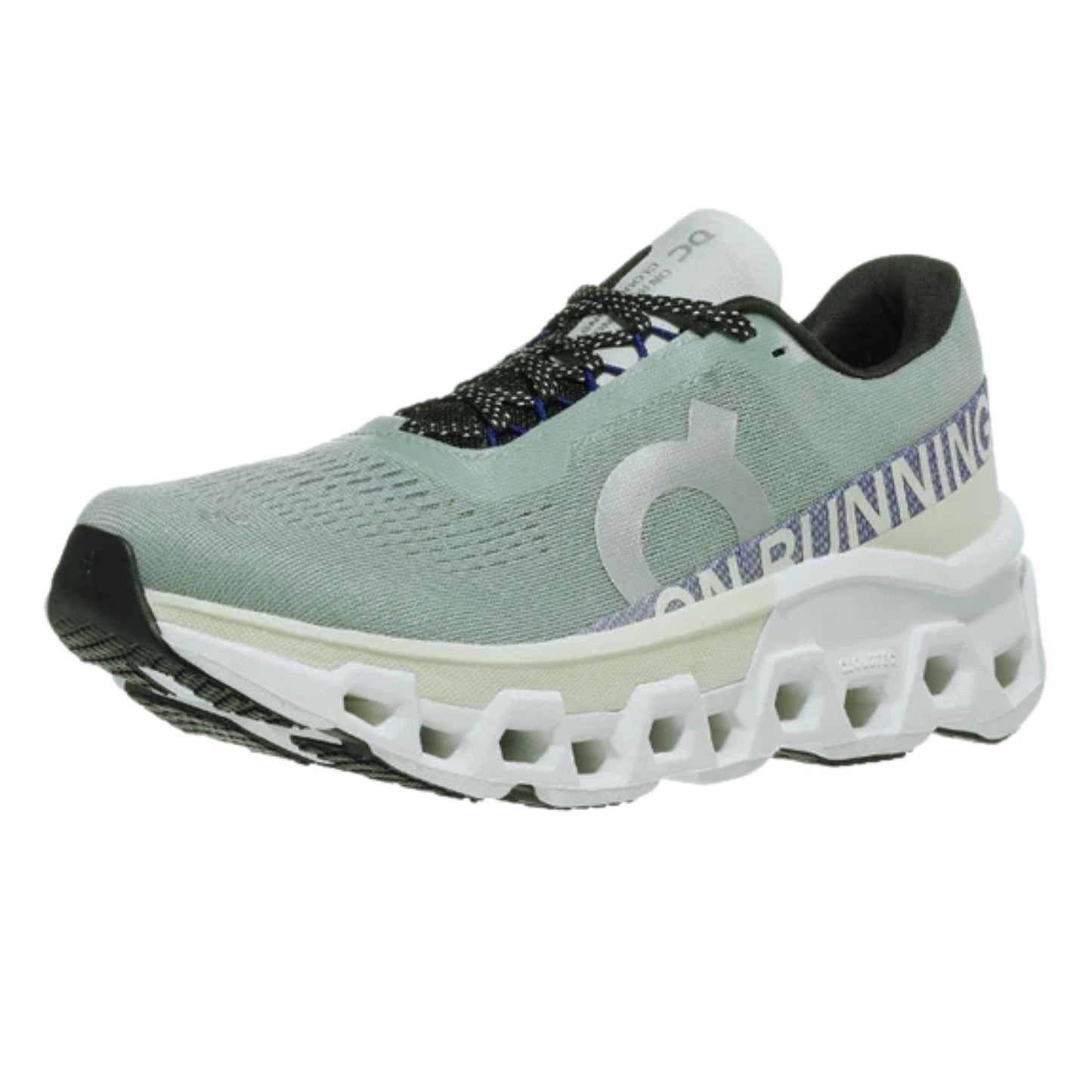 Green running shoe with white sole on a white background