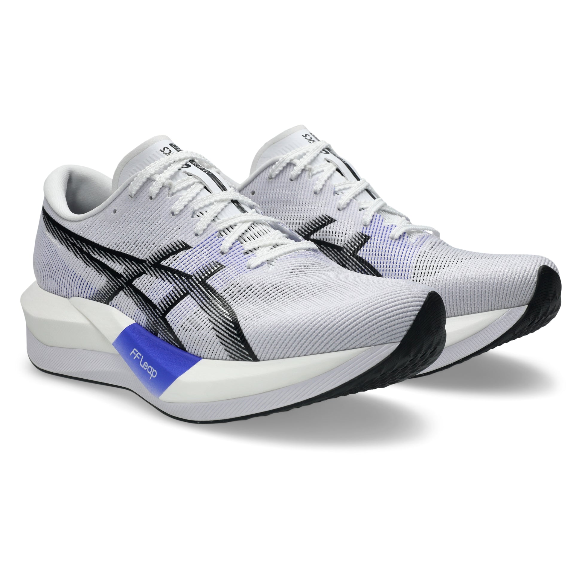 White and black running shoes with a blue label on a white background