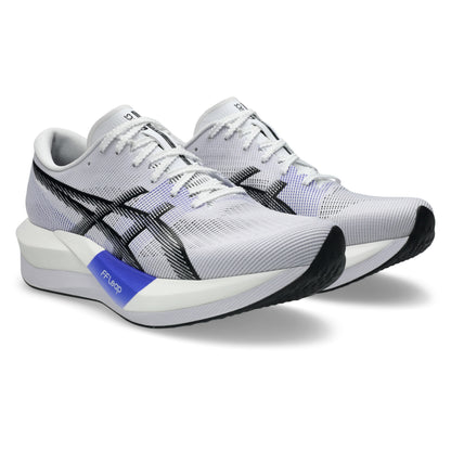 White and black running shoes with a blue label on a white background