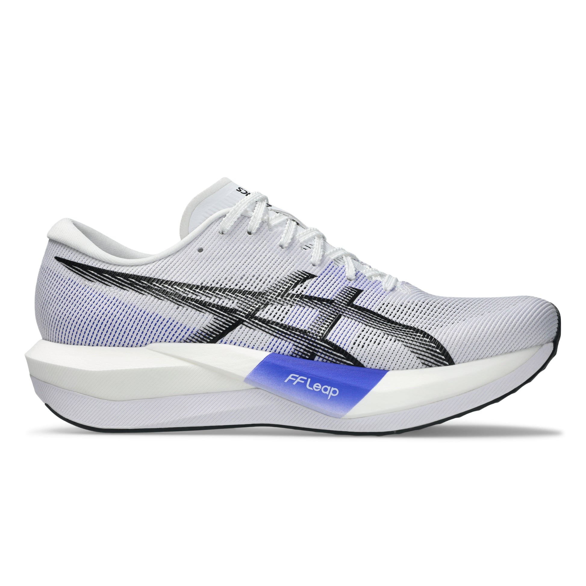 White running shoe with black accents on a white background