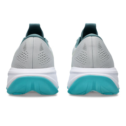 Pair of gray and teal running shoes on a white background