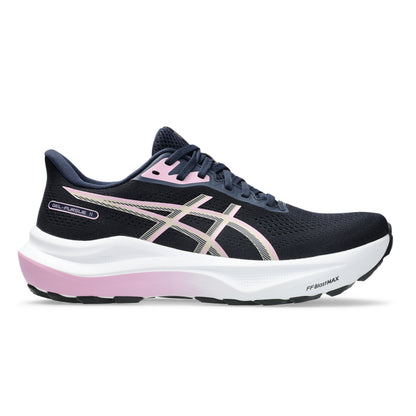 A single ASICS running shoe in black with a white and pink gradient midsole, featuring the signature ASICS stripe logo on the side.