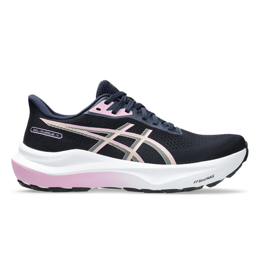 A single ASICS running shoe in black with a white and pink gradient midsole, featuring the signature ASICS stripe logo on the side.