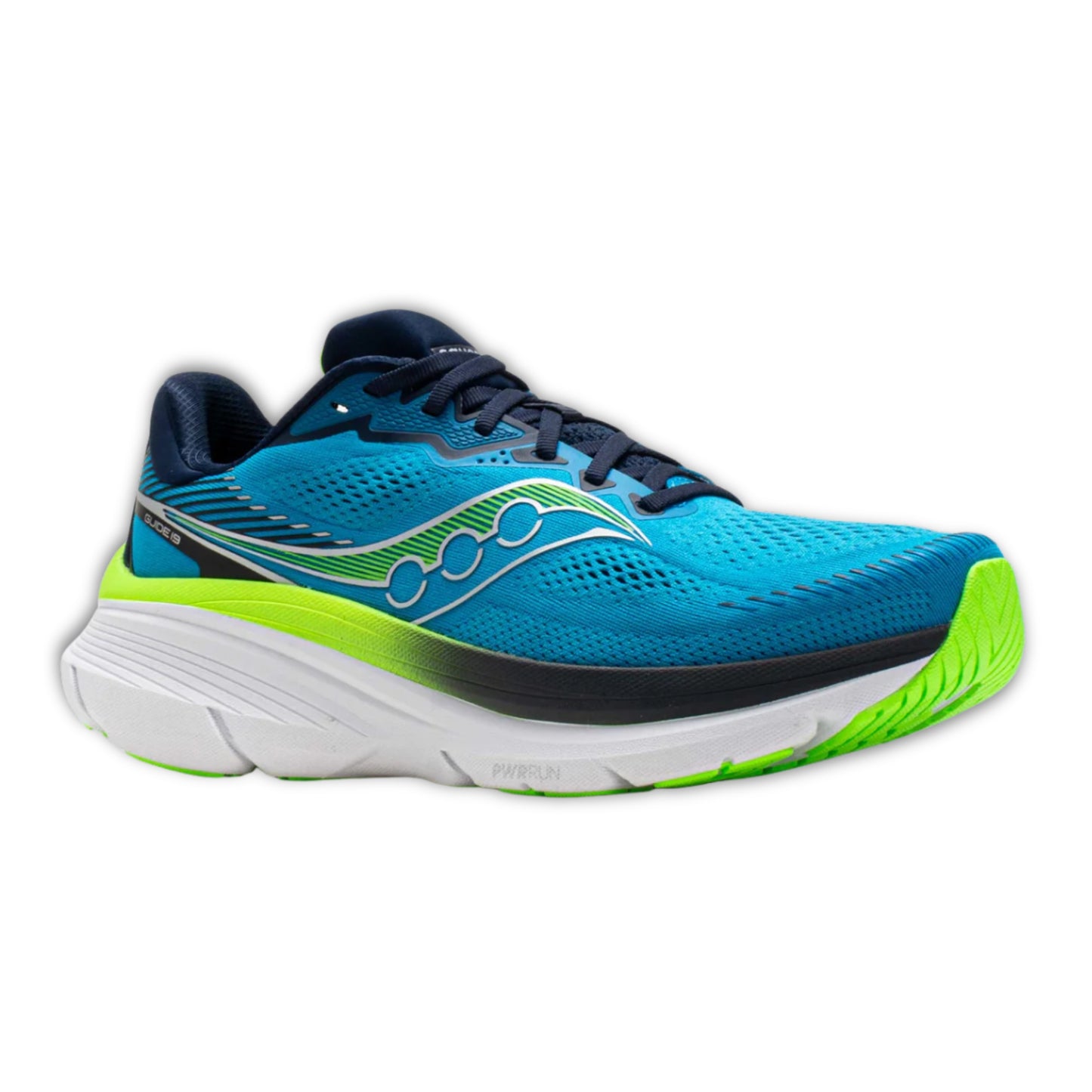 Blue and green Saucony running shoe with white sole on a white background