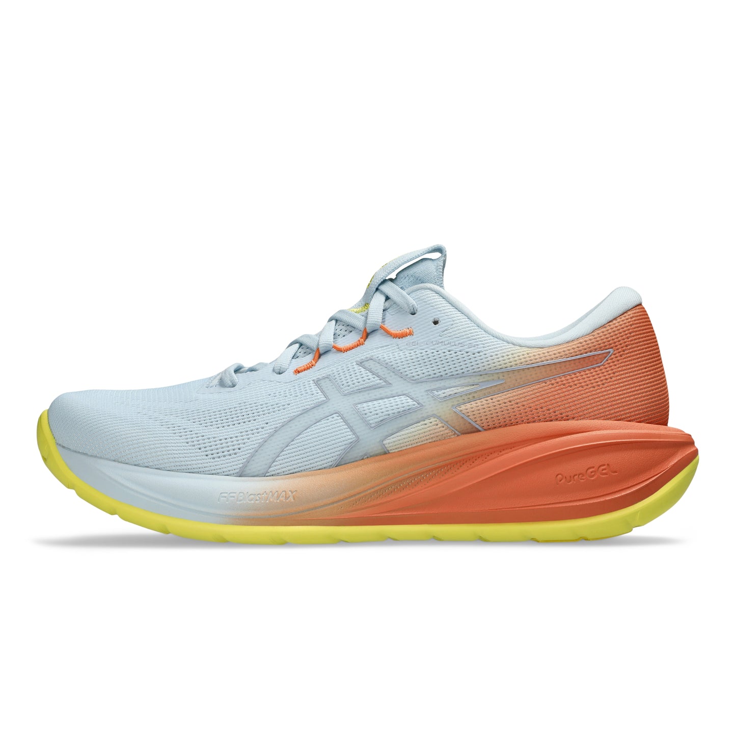 White and orange Asics running shoe with yellow accents on a white background