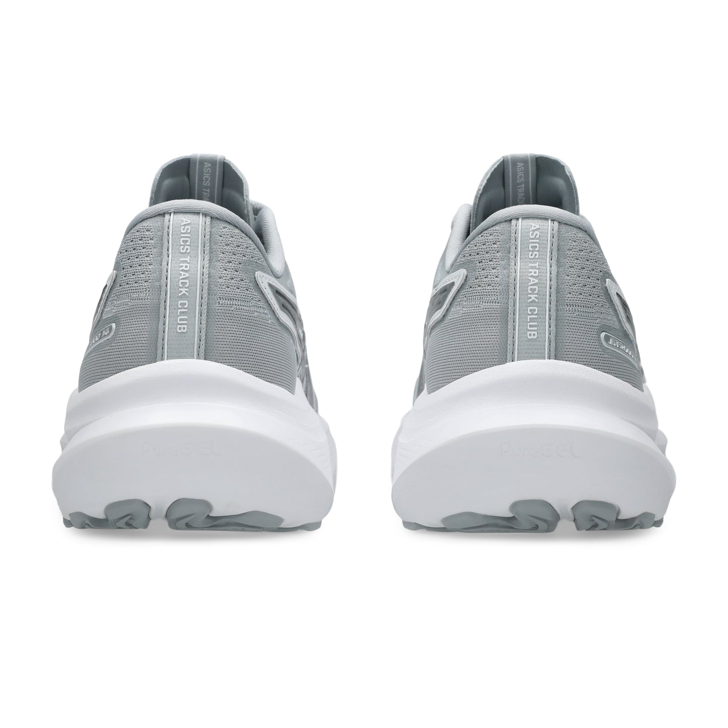 Gray running shoes with white soles on a white background