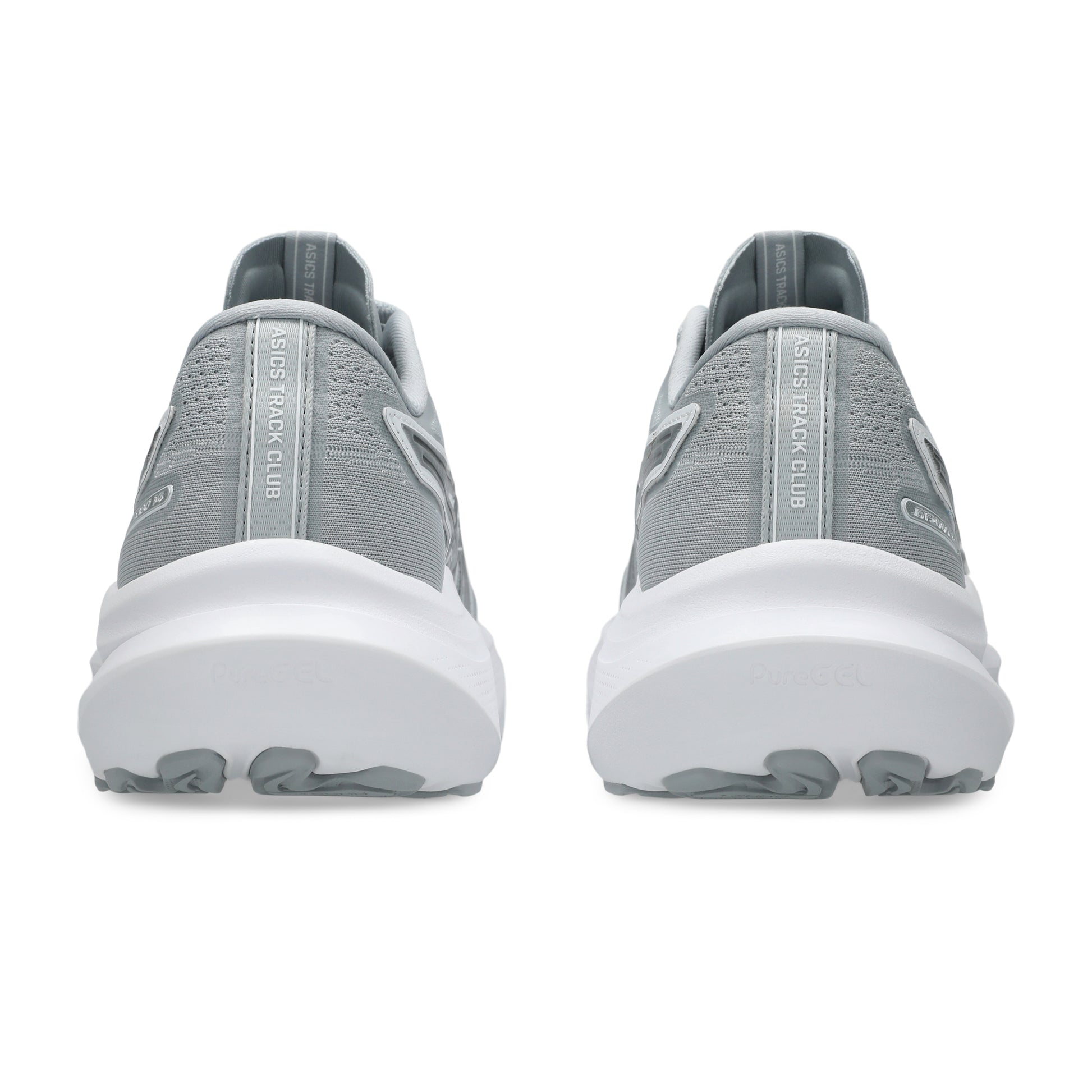 Gray running shoes with white soles on a white background