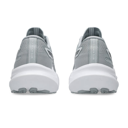 Gray running shoes with white soles on a white background