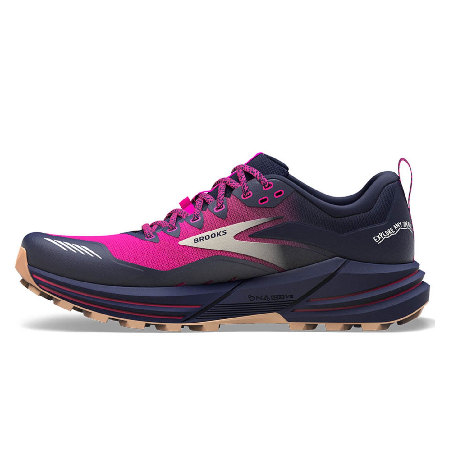 Navy and pink running shoe with 'Brooks' branding on a white background