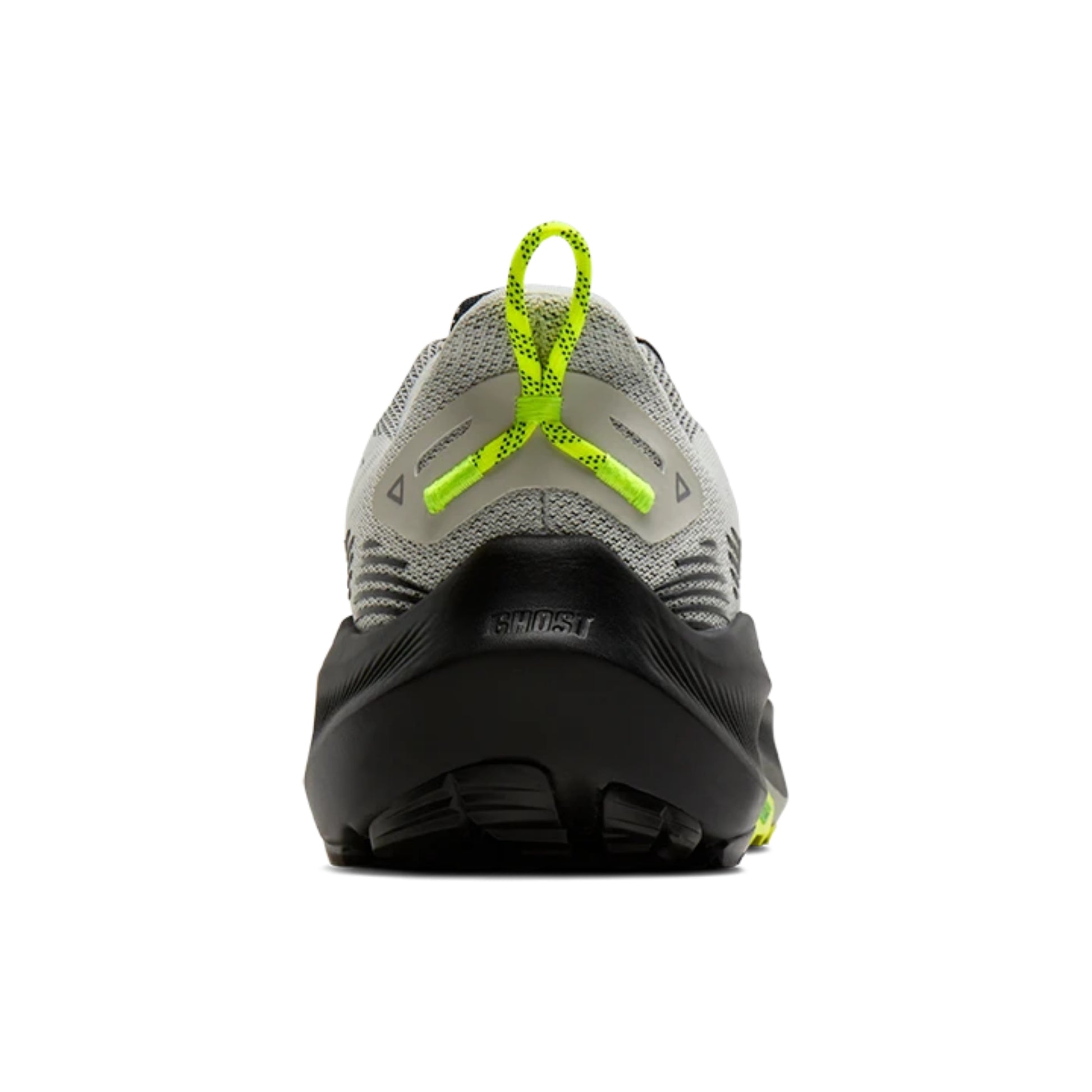 Back view of a gray and black Brooks running shoe with neon green accents on a white background