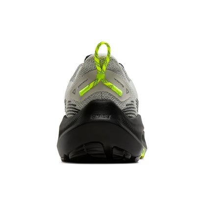 Back view of a gray and black Brooks running shoe with neon green accents on a white background