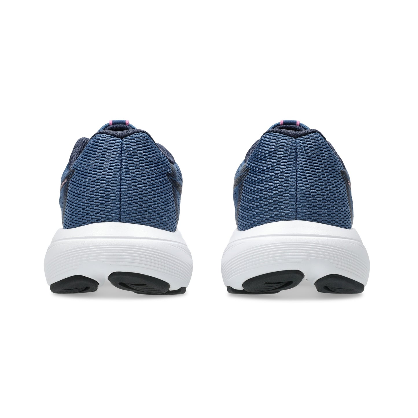 A pair of running shoes
 shown from the back, featuring a textured navy blue mesh upper and a thick white midsole with black outsole details, set against a plain white background.