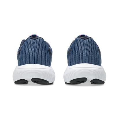 A pair of running shoes
 shown from the back, featuring a textured navy blue mesh upper and a thick white midsole with black outsole details, set against a plain white background.