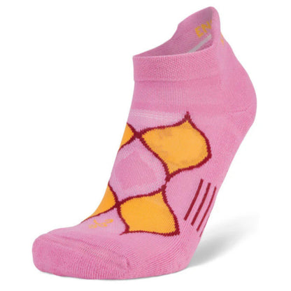 Pink ankle sock with yellow design on a white background