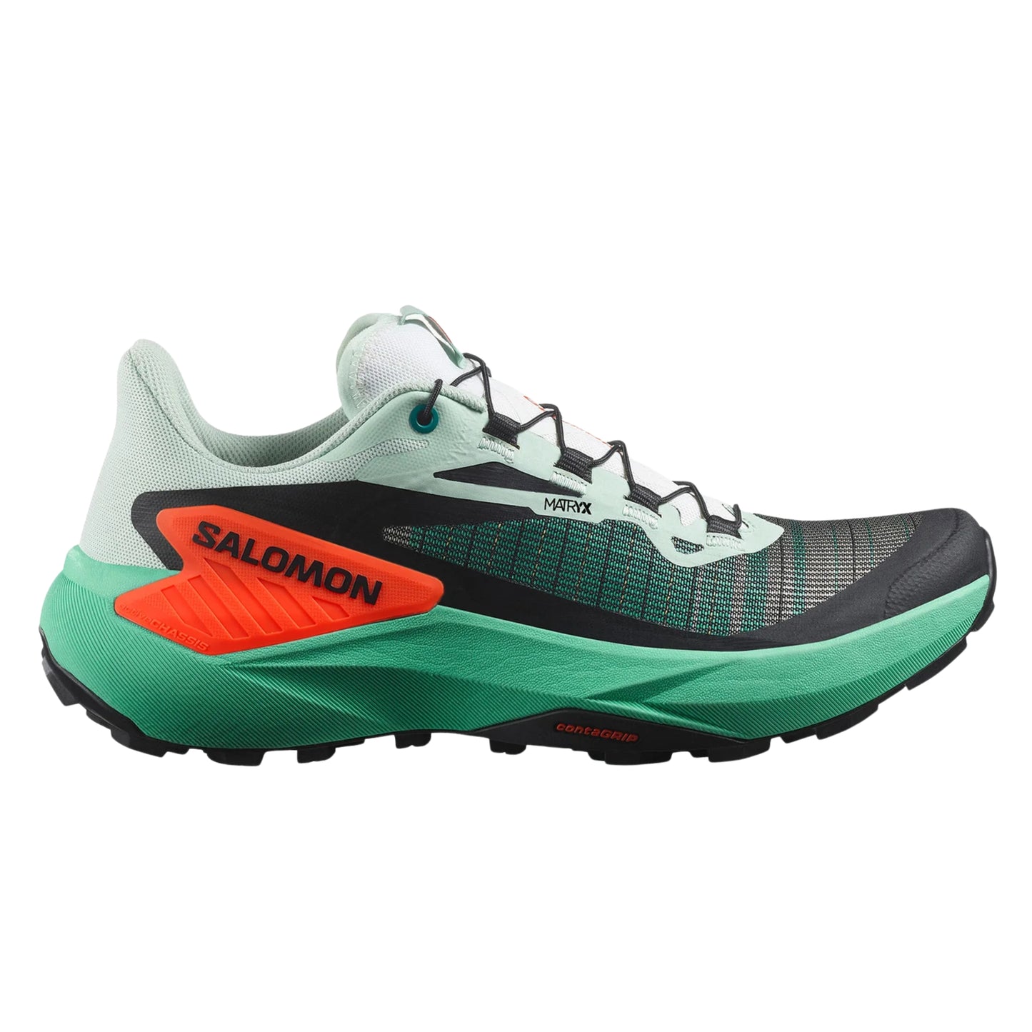 Green and orange Salomon running shoe on a white background