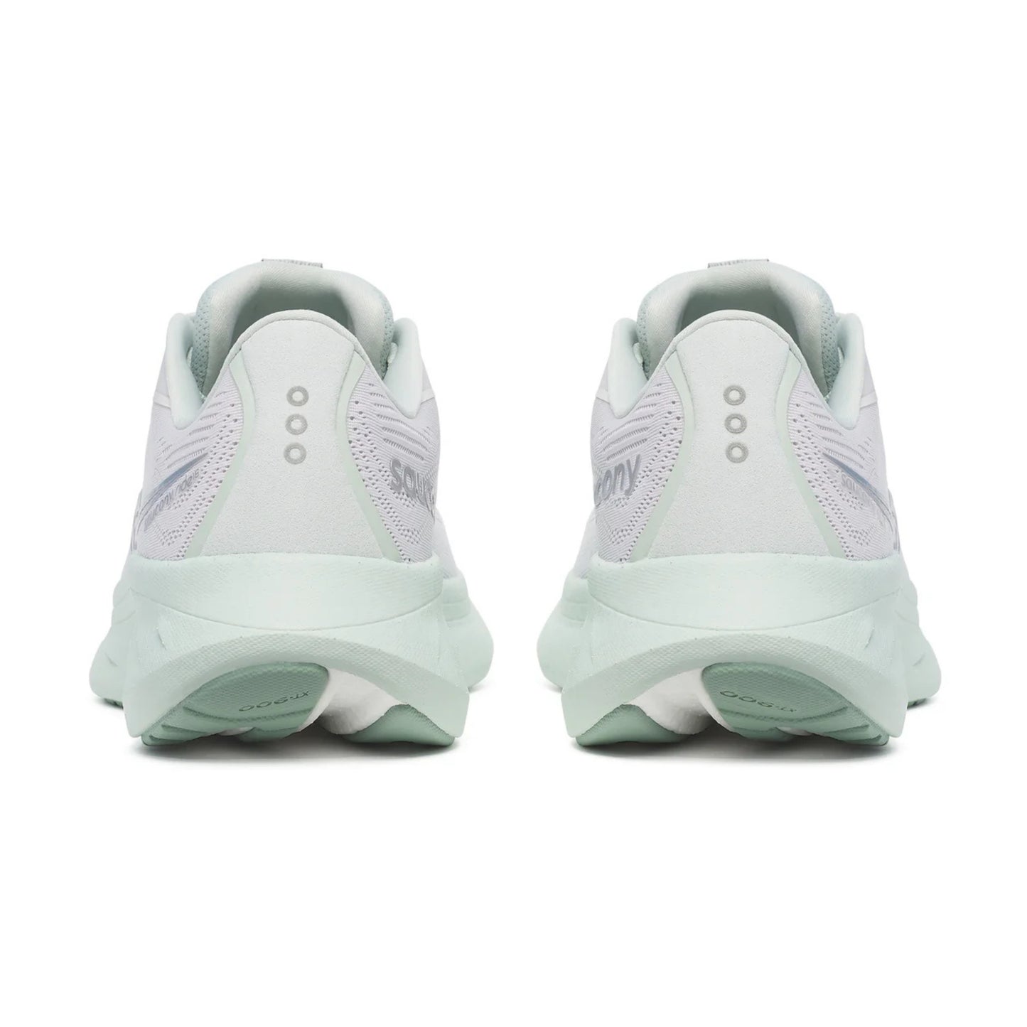 White and light green back of running shoe with a light green sole and 3 silver dots 