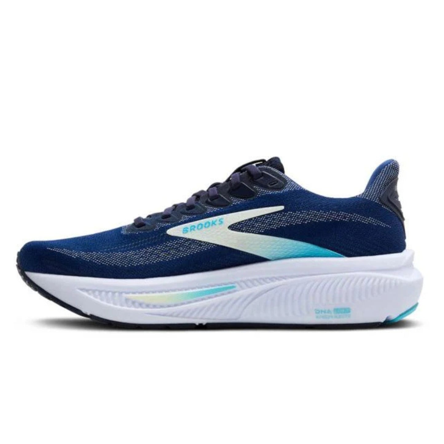 Blue Brooks running shoe with white sole on a white background