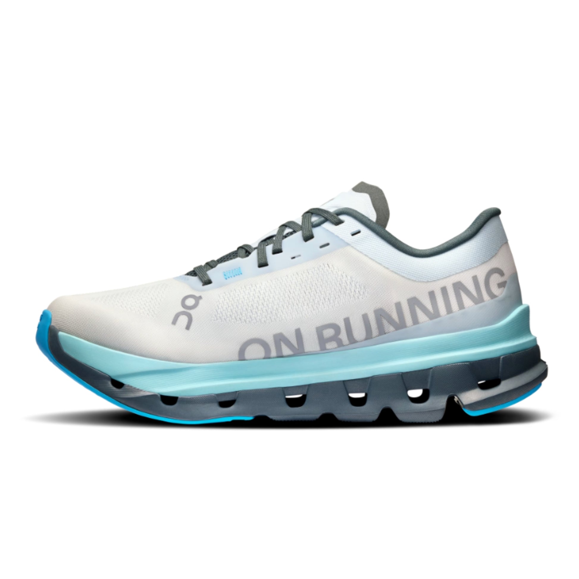 White and blue running shoe with 'On Running' branding on a white background