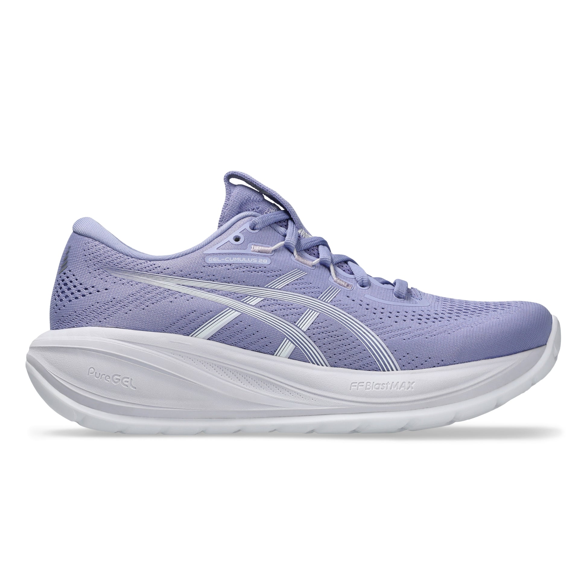 Purple Asics running shoe with white sole on a white background