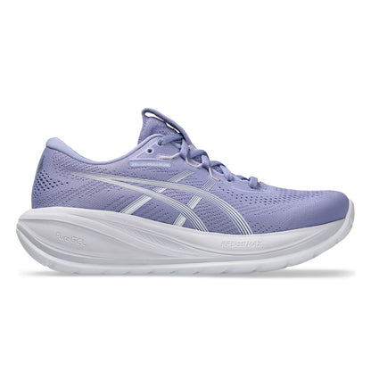 Purple Asics running shoe with white sole on a white background