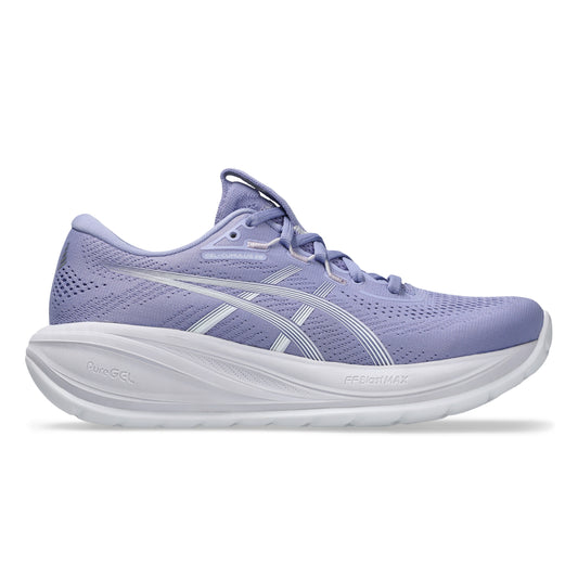 Purple Asics running shoe with white sole on a white background