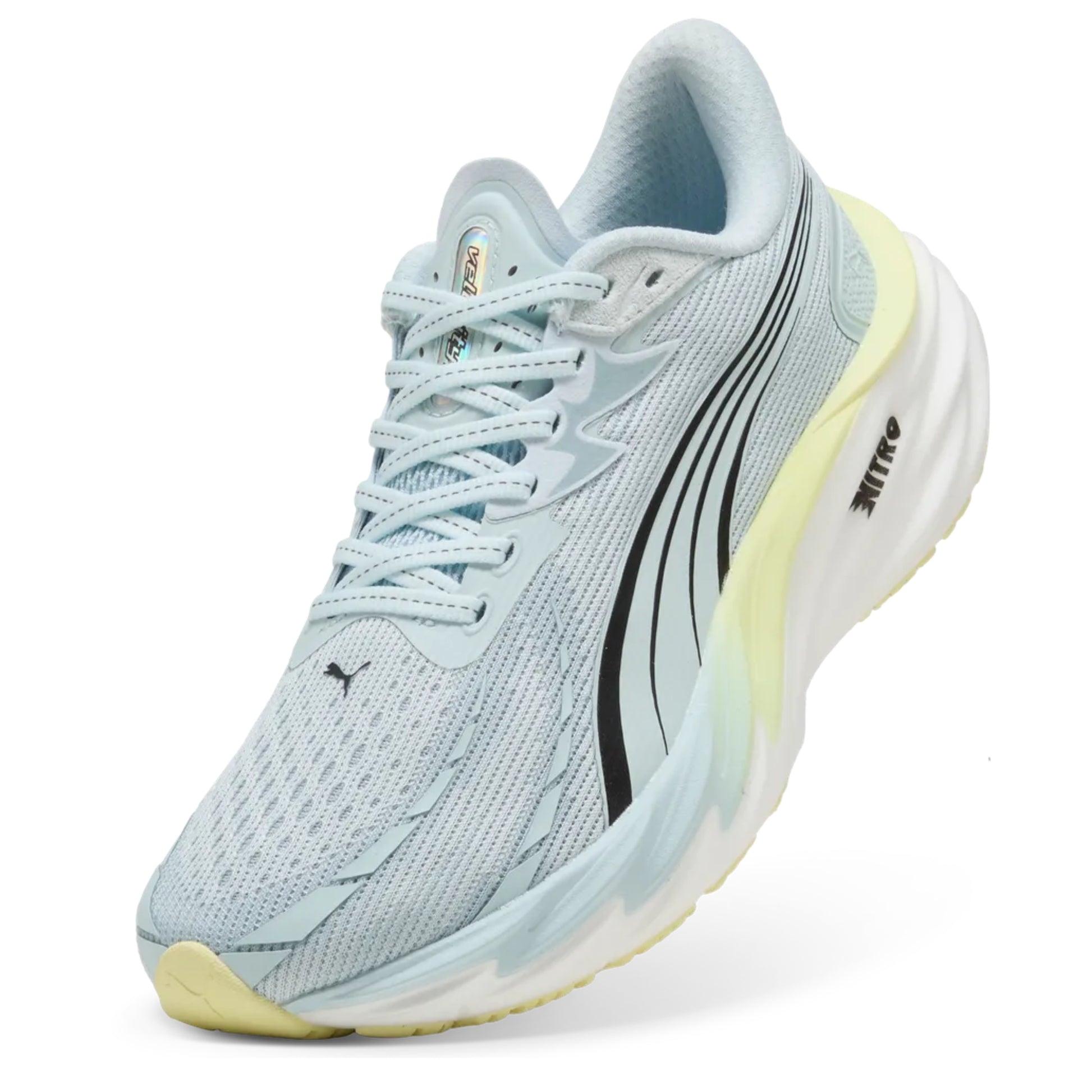 Light blue running shoe with a yellow sole on a white background