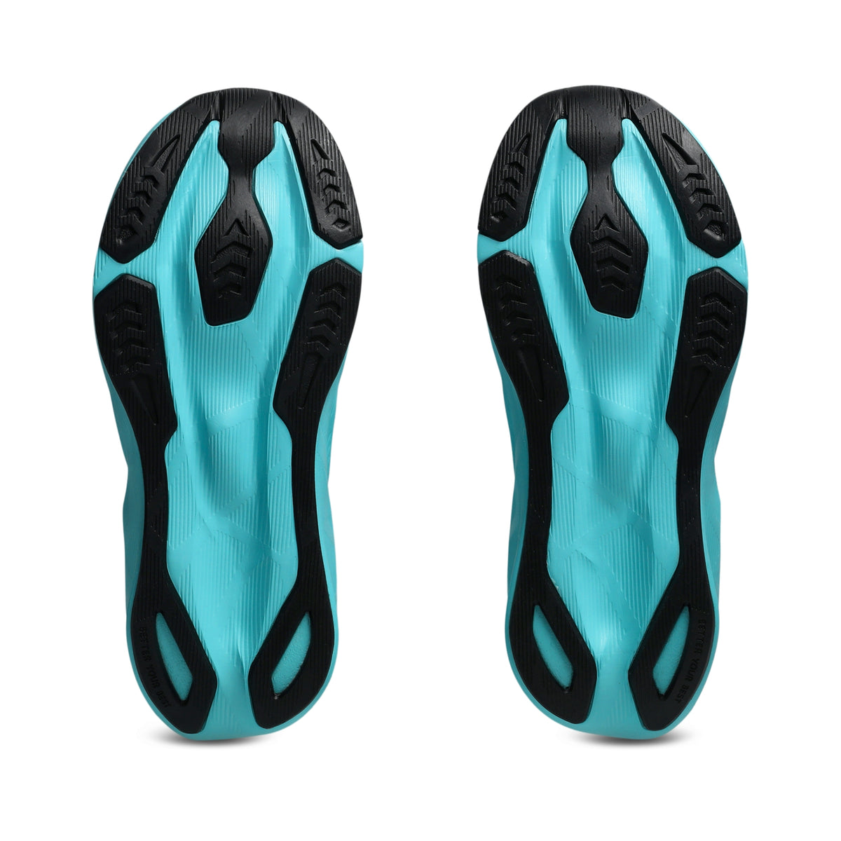 A pair of running shoe soles shown from the bottom, featuring a bright turquoise blue base with black textured grip patterns.