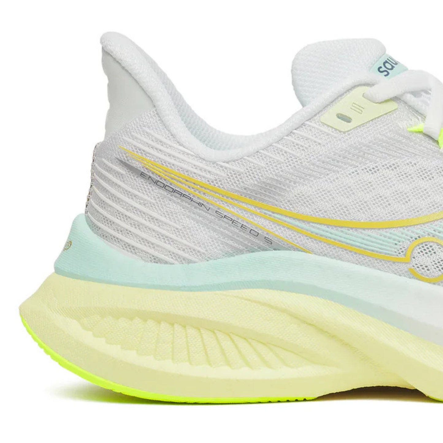 White Saucony running shoe with yellow and light blue sole on a white background