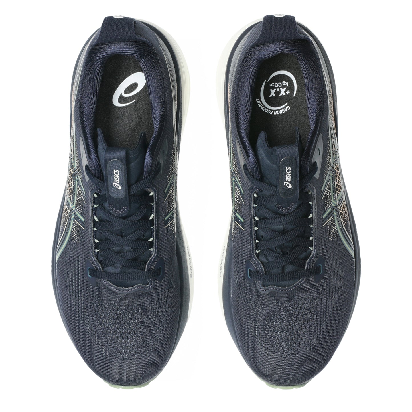 Navy blue Asics running shoes with green and gold accents on a white background