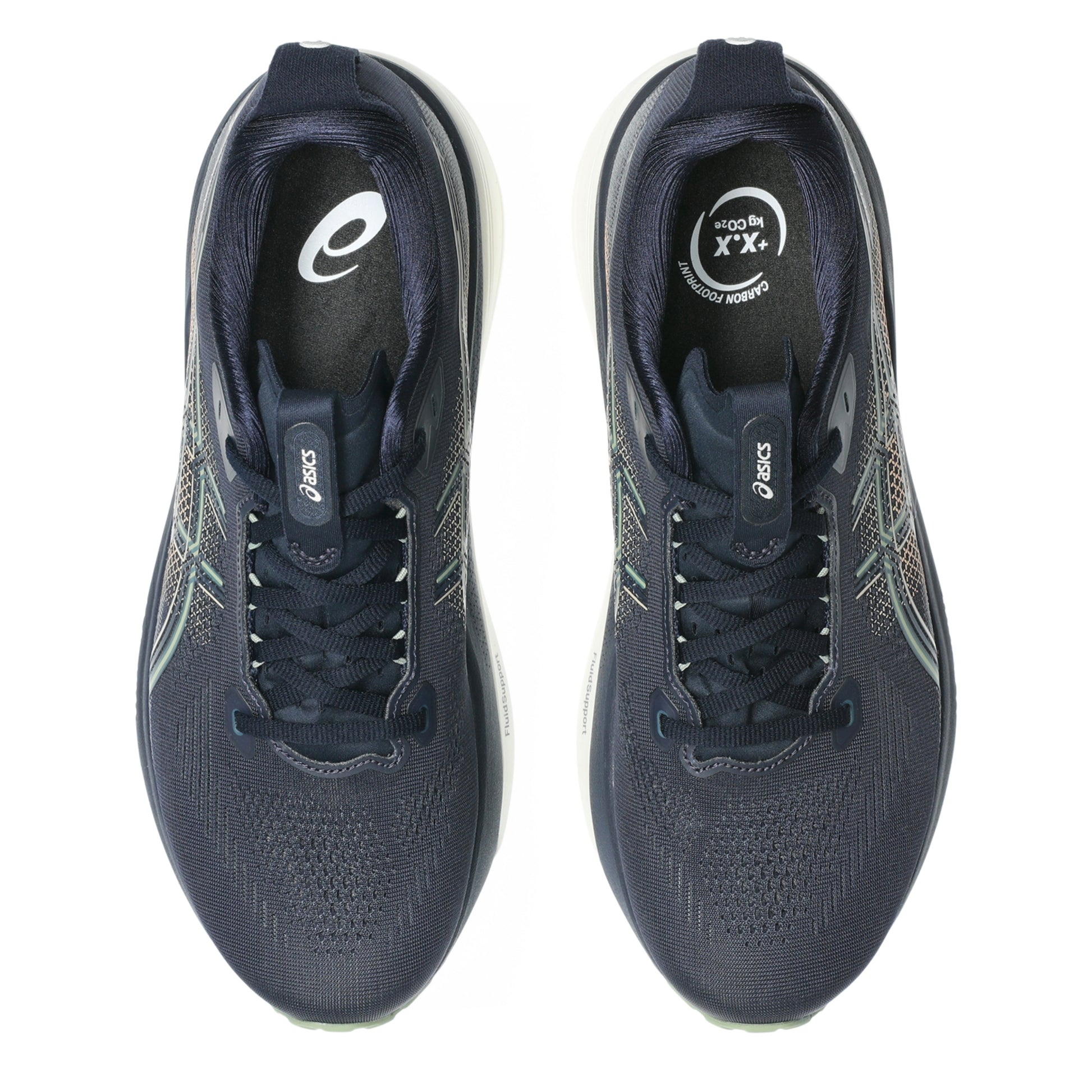 Navy blue Asics running shoes with green and gold accents on a white background
