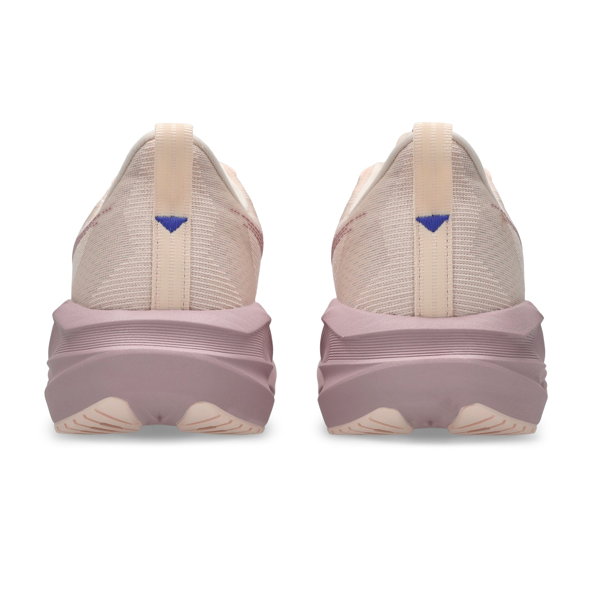 Pair of [ink Pink Asics running shoe on a white background