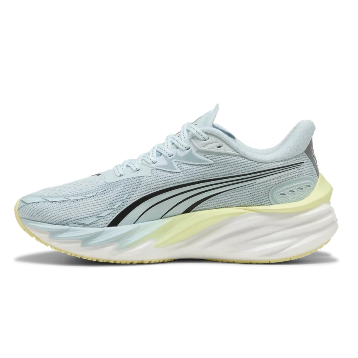 Light blue running shoe with black accents on a white background