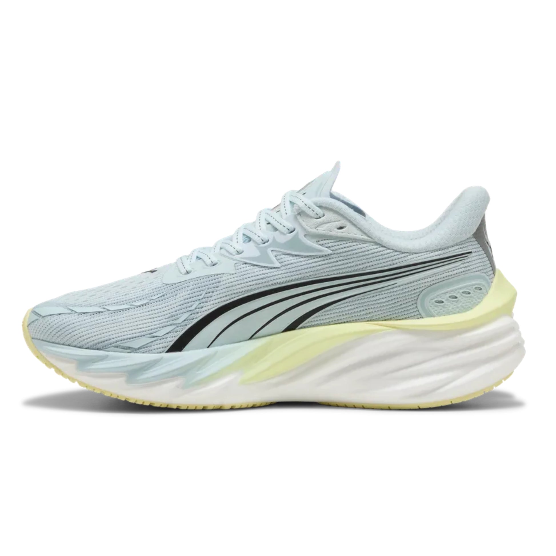 Light blue running shoe with black accents on a white background