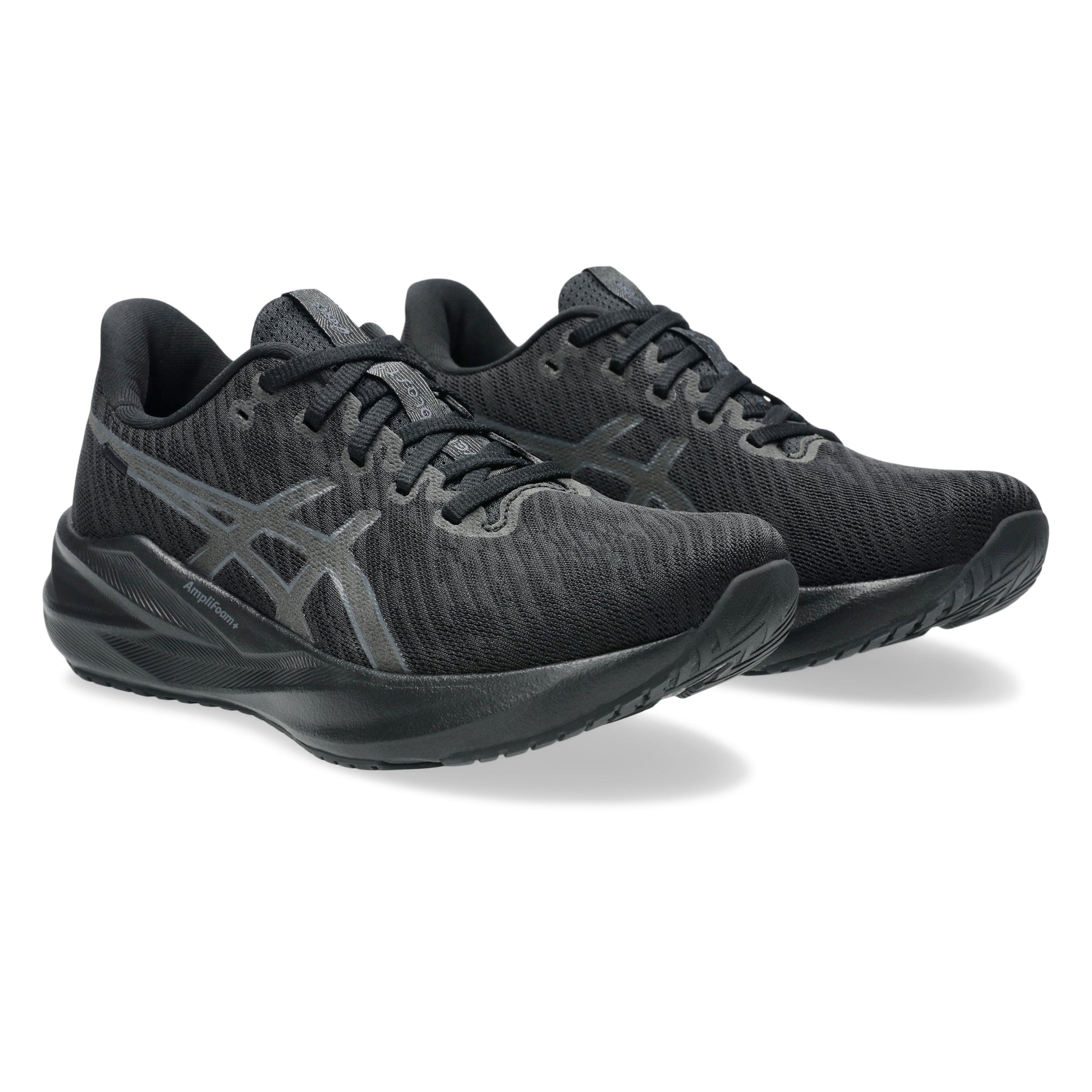 Black Asics running shoes with a prominent brand logo on a white background
