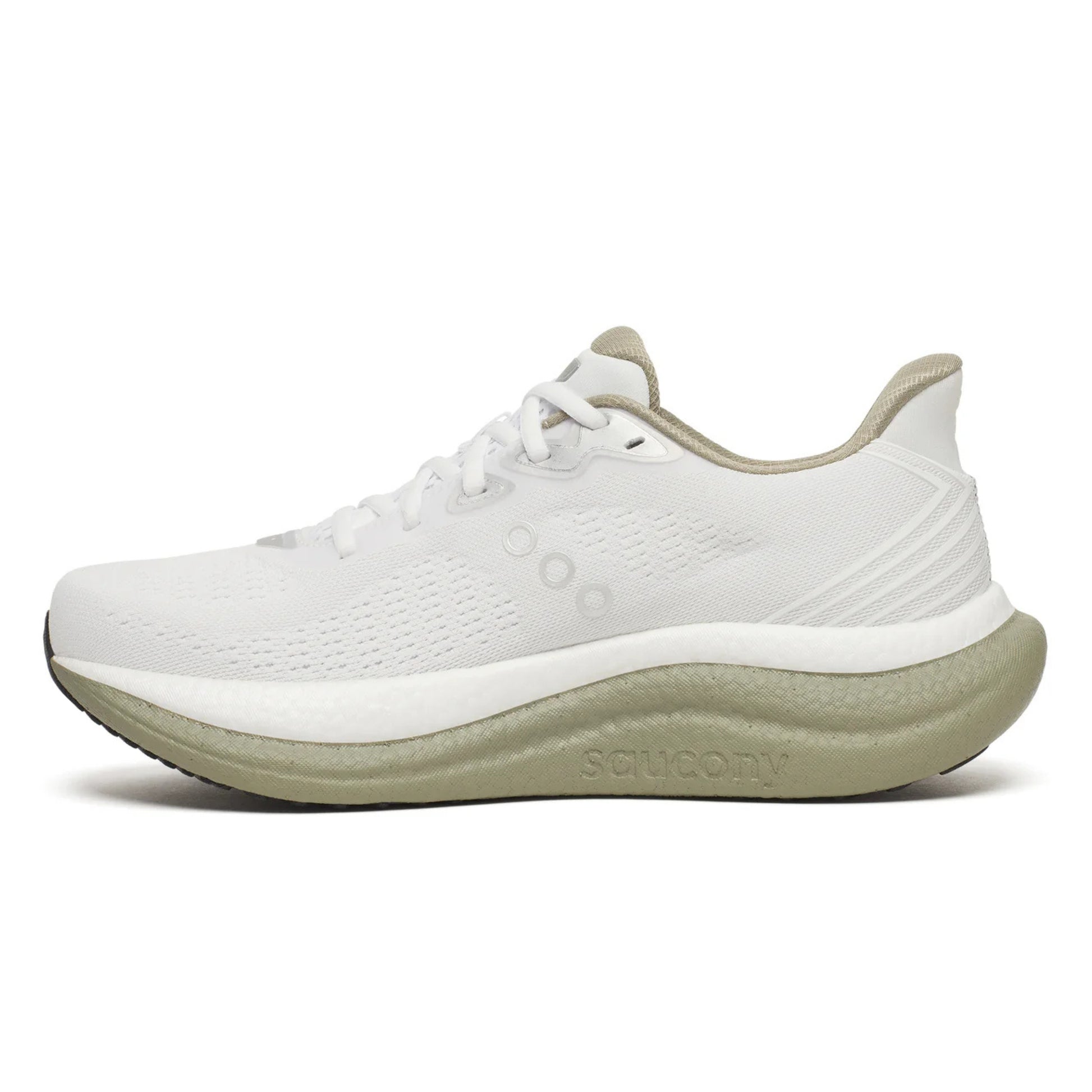 White Saucony running shoe with green sole on a white background