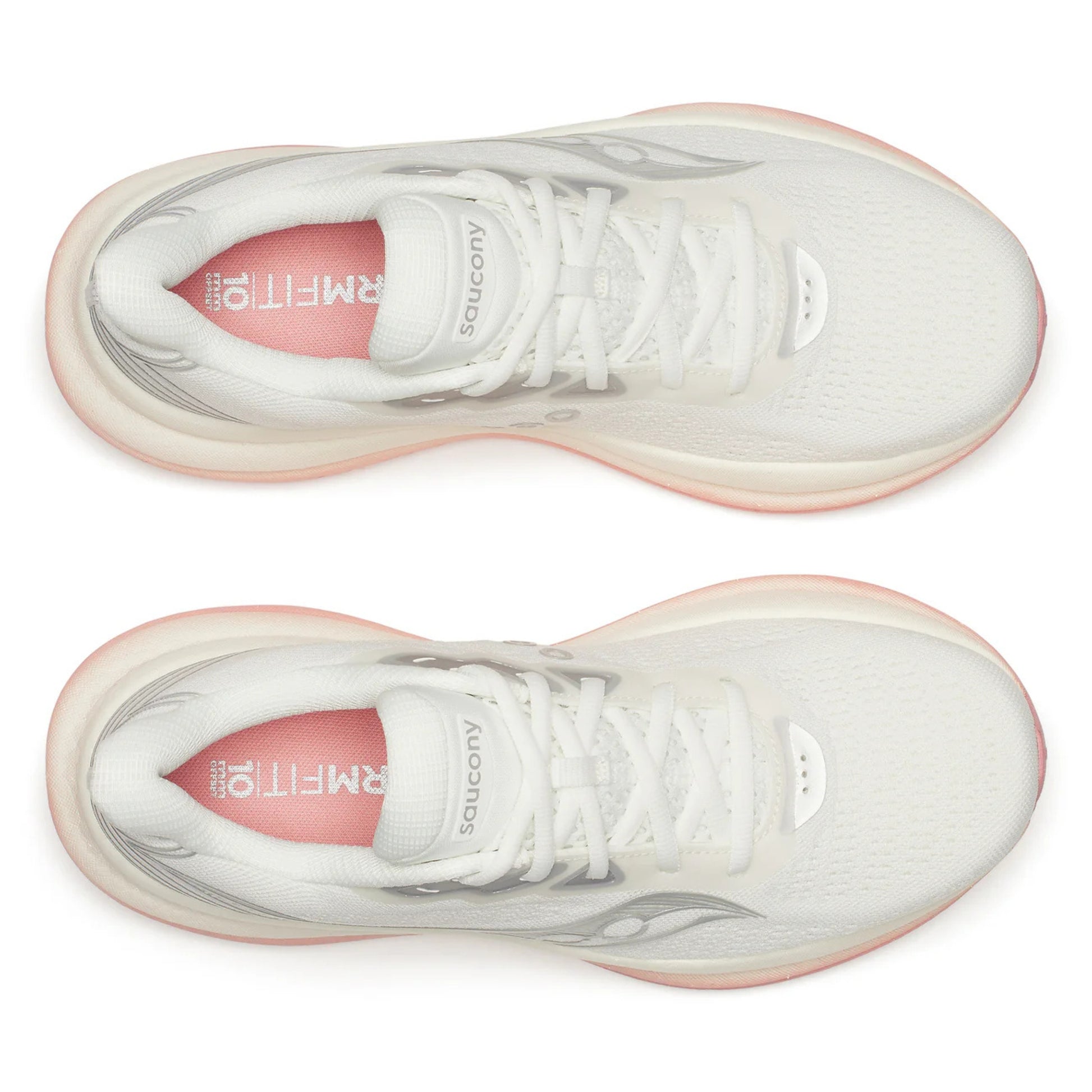 White Saucony running shoes with pink soles on a white background
